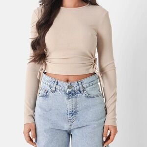 Sixth June Paris Beige Ribbed Drawstring Side Top Size L |‎ Long Sleeve NWT